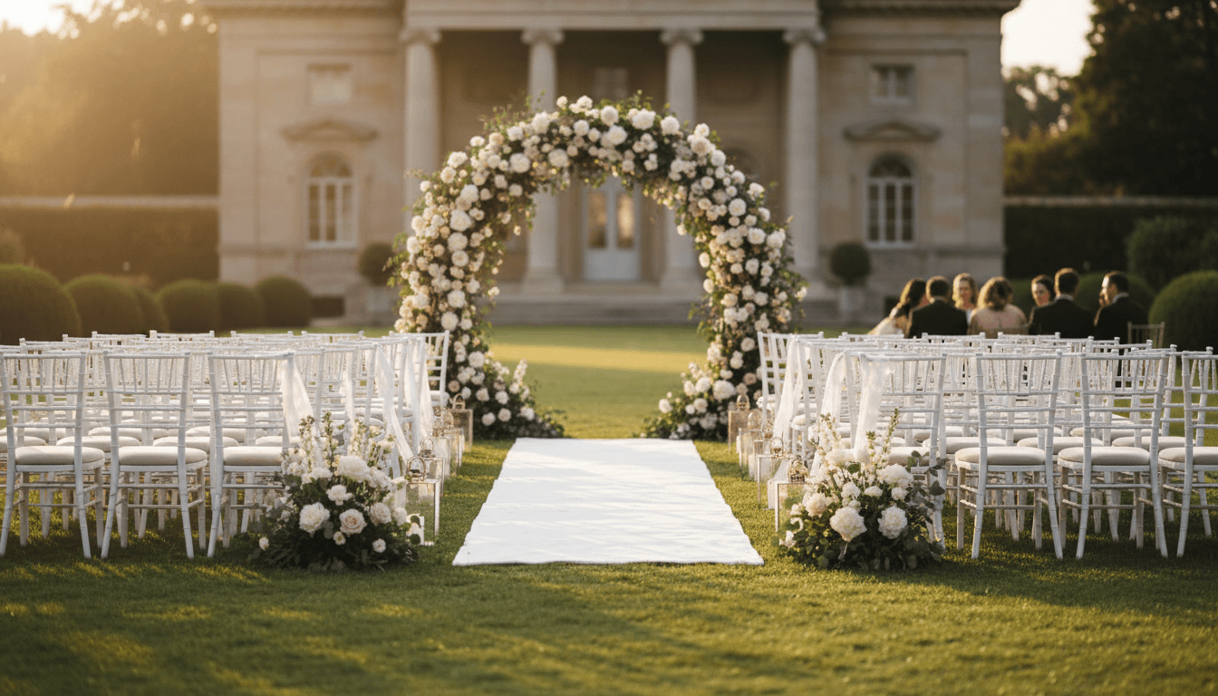 Couple standing beneath a floral arch during an outdoor wedding ceremony