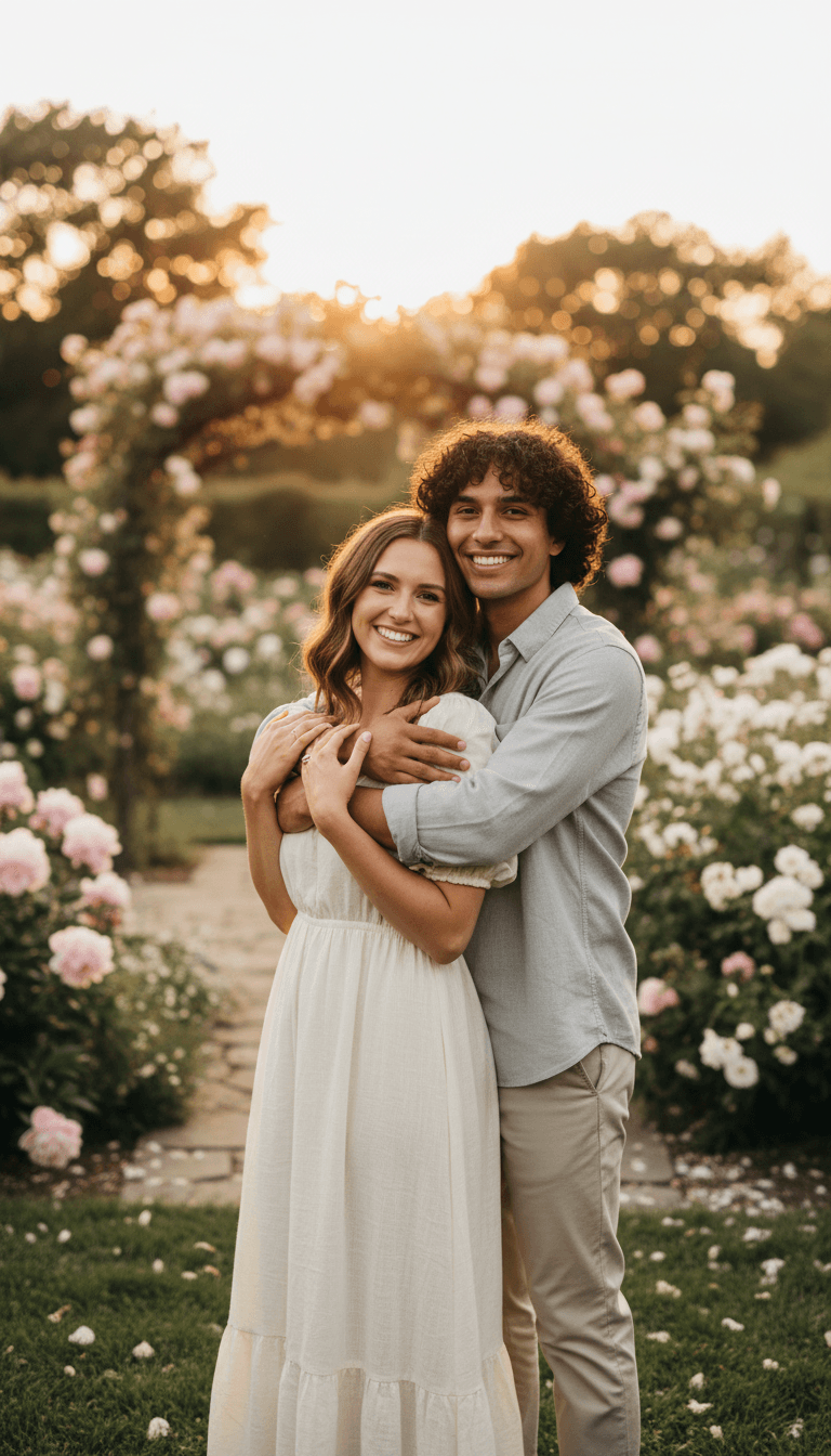 Couple embracing during an outdoor wedding ceremony in warm light