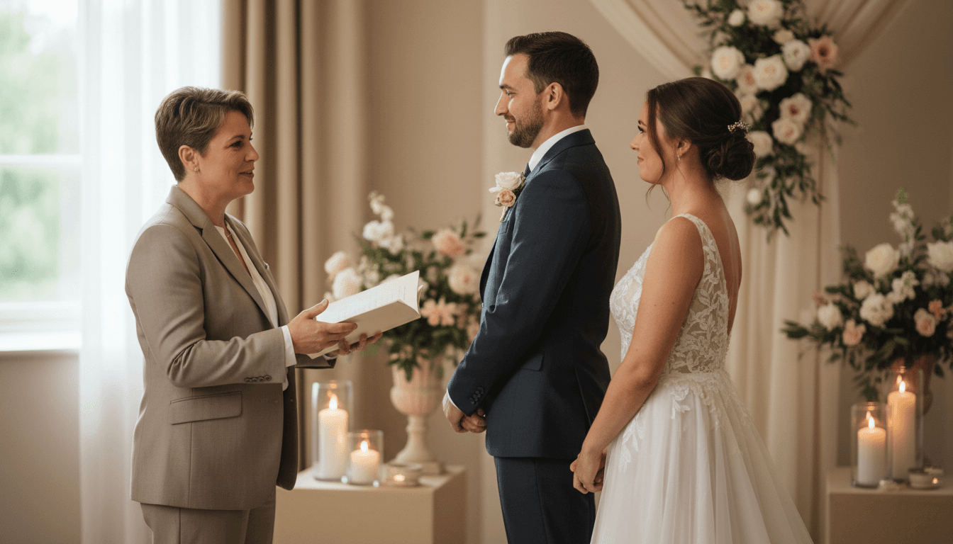 A couple in conversation with an officiant during a peaceful outdoor ceremony