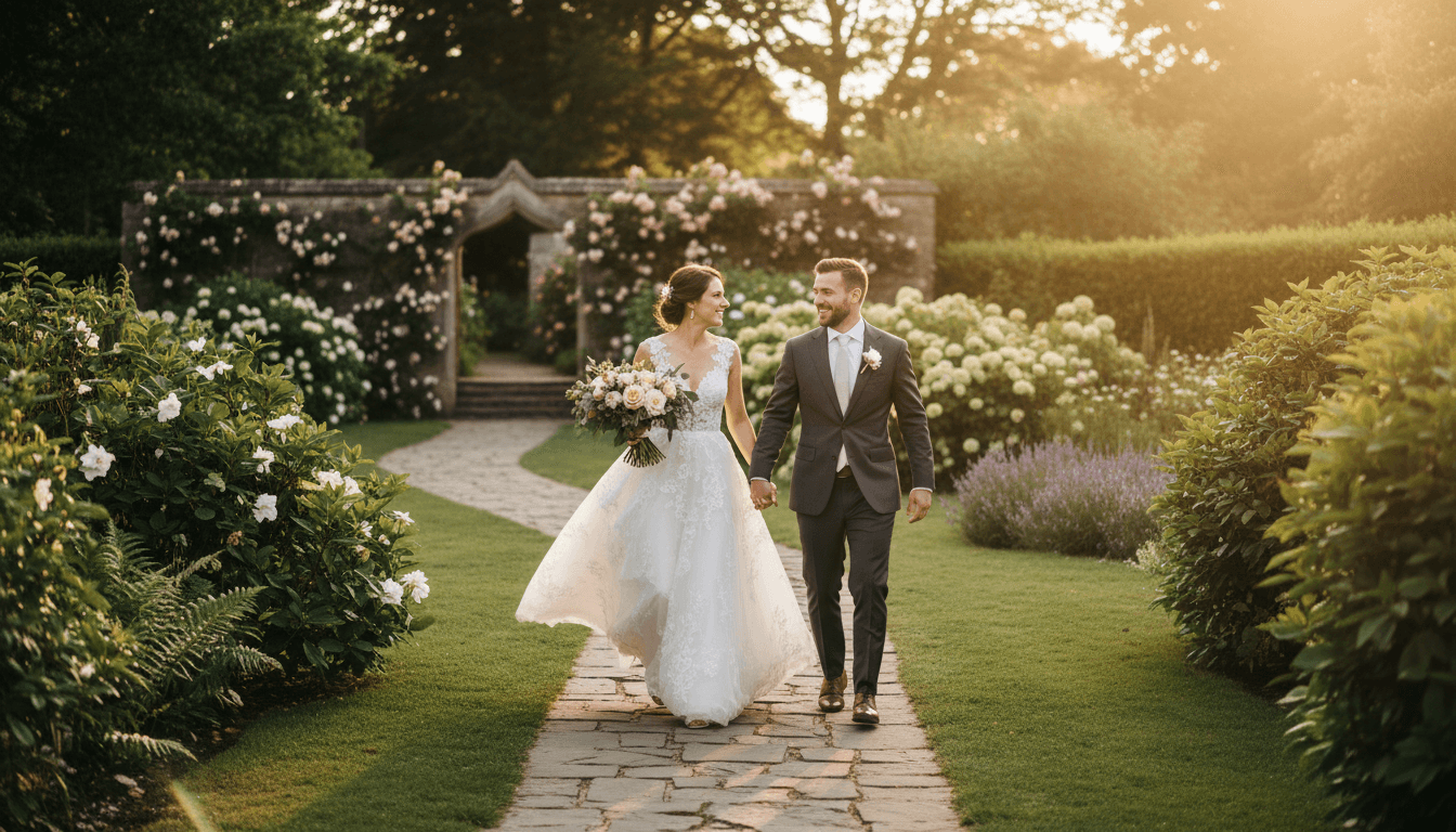 Bride and groom holding hands during an outdoor wedding ceremony in warm sunlight