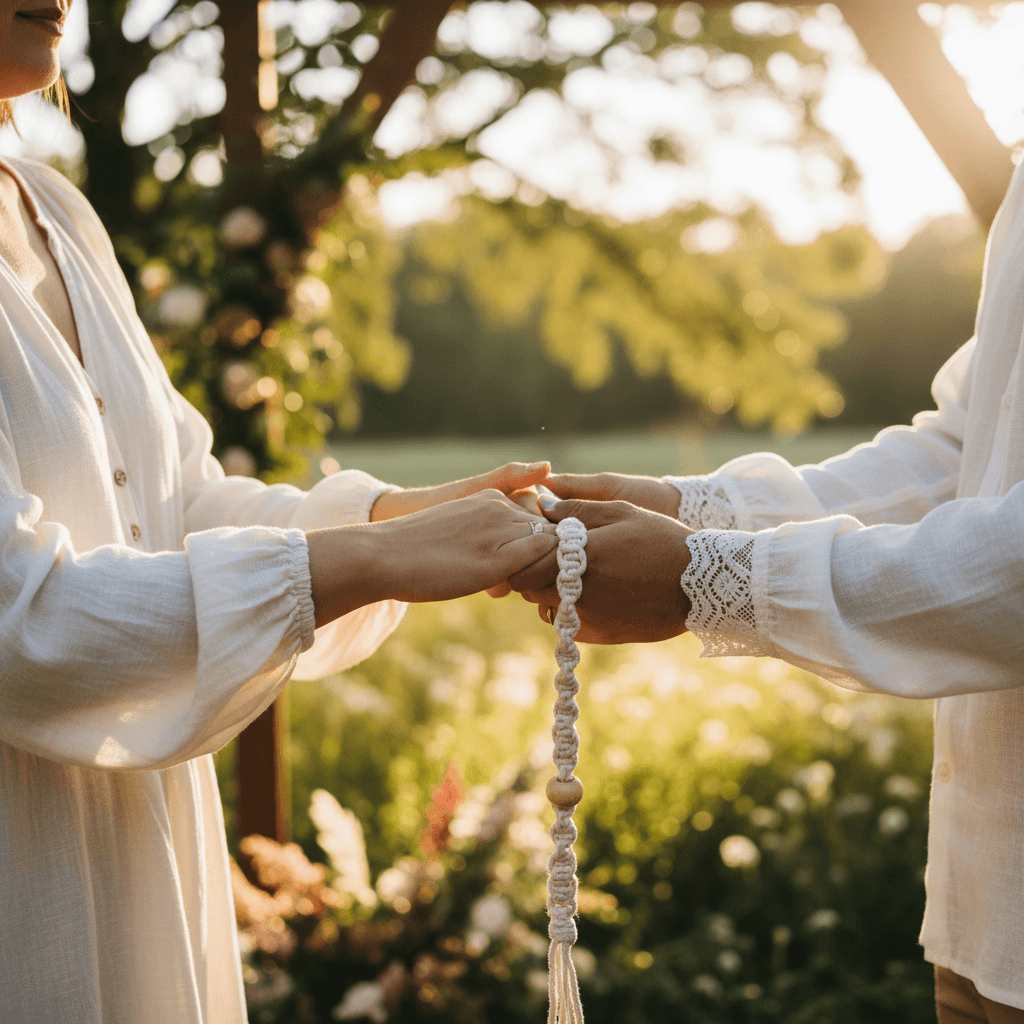 Couple sharing a tender moment during their outdoor wedding ceremony