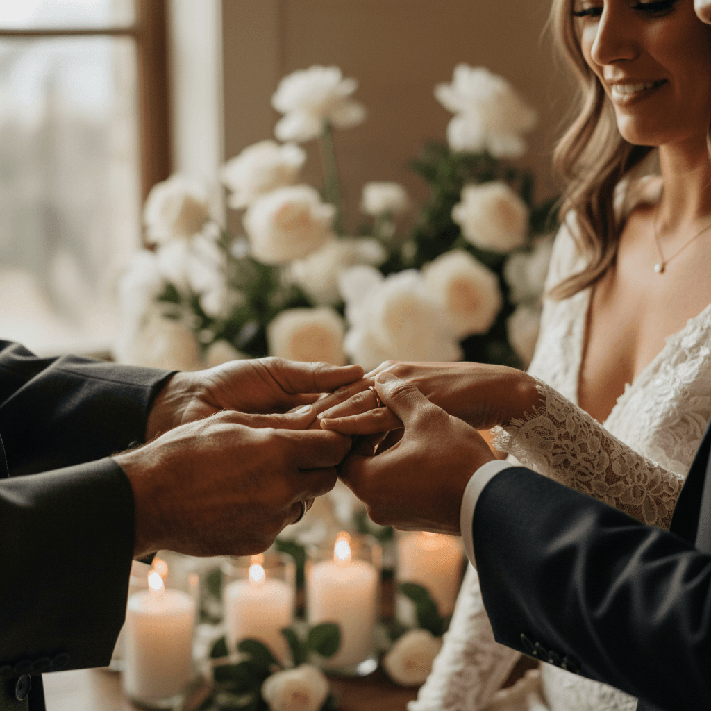 Intimate outdoor gathering at dusk: a couple exchanging vows beside a simple wooden arch of greenery, guests in soft light, with a second quiet tableau of people in muted dress gathered around a memorial table of flowers and candles
